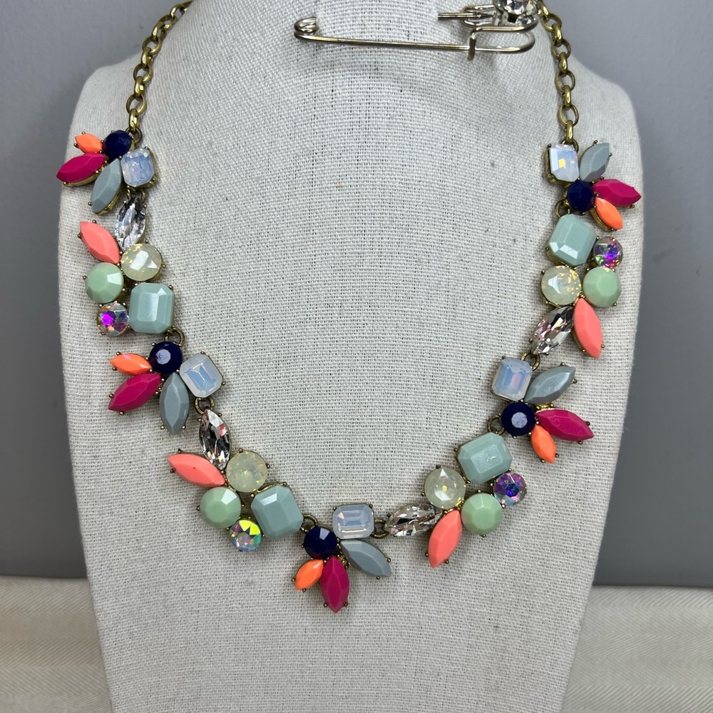 J. CREW Crystal Bib Necklace Coral, Mint & Navy Pastel Floral Statement Necklace